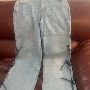 Women's Light Blue Flare Jeans with Side Ties